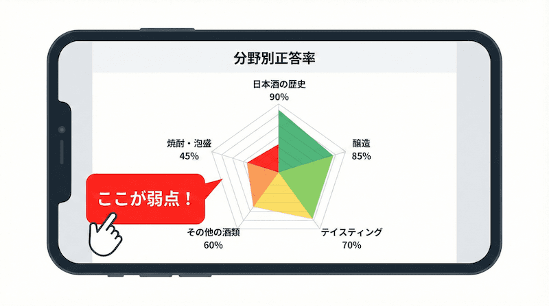 学習ダッシュボードで分野別正答率を可視化し弱点を特定するイメージ