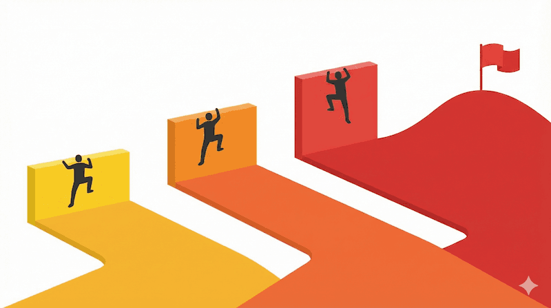 習慣化の3つの壁を示す階段状の図解。3日の壁、3週間の壁、3ヶ月の壁を乗り越えるごとに習慣として定着していく