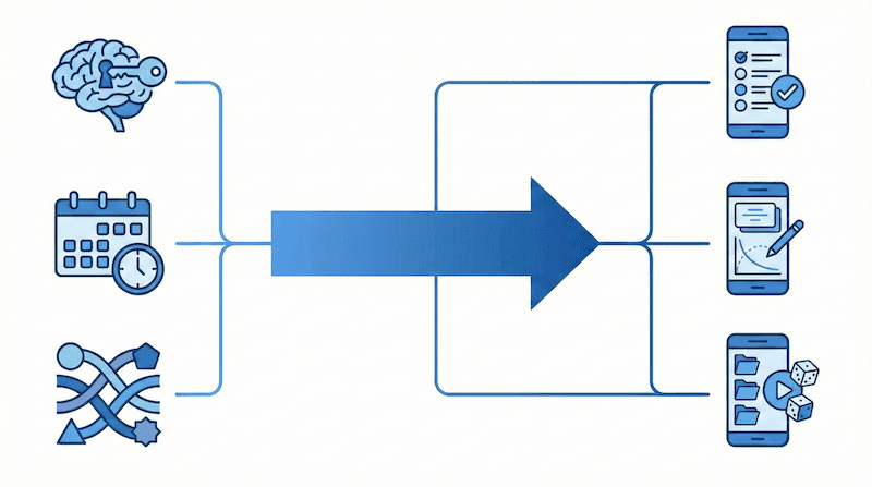If-Thenプランニングの概念図。日常のきっかけ（通勤電車、昼休み、お風呂前、就寝前）と学習行動（問題演習、暗記カード、復習、振り返り）をセットで決めておく