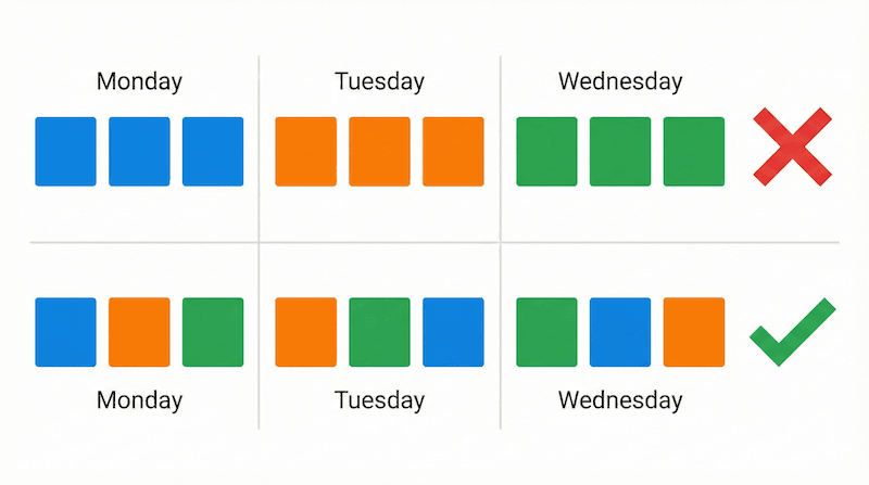 ブロック学習とインターリービング（交互学習）の比較。1分野ずつ集中するブロック学習より、分野を交互に切り替えるインターリービングのほうが記憶定着に効果的