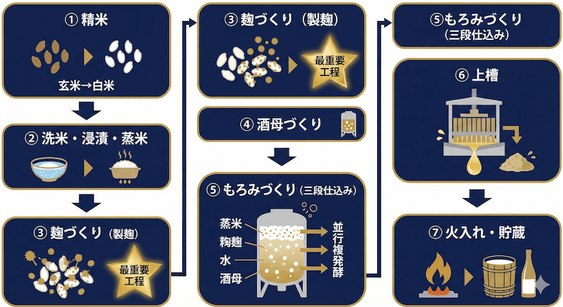日本酒の製造工程フローチャート:精米→洗米・浸漬・蒸米→麹づくり→酒母づくり→もろみづくり→上槽→火入れ・貯蔵の7ステップ