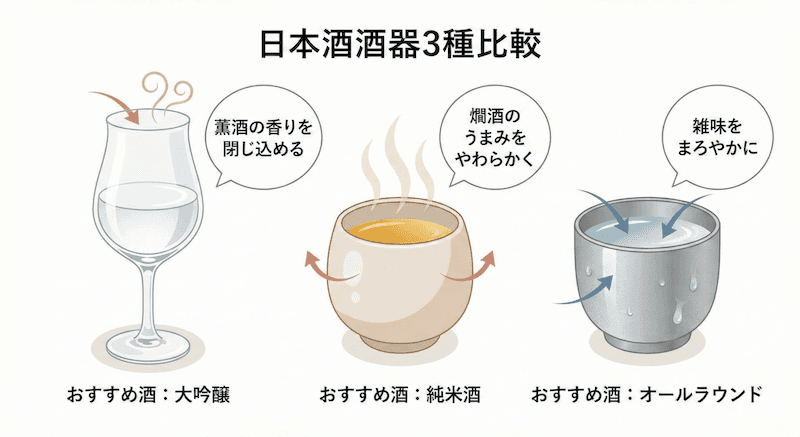 酒器3種類の比較イラスト:ワイングラス・お猪口(陶器)・錫の酒器それぞれの特徴と向いている日本酒のタイプ