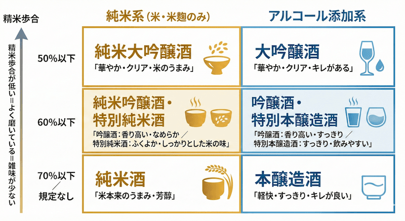 特定名称酒8種類の分類マトリクス図:精米歩合と醸造アルコールの有無の2軸で純米大吟醸酒・純米吟醸酒・特別純米酒・純米酒・大吟醸酒・吟醸酒・特別本醸造酒・本醸造酒を分類