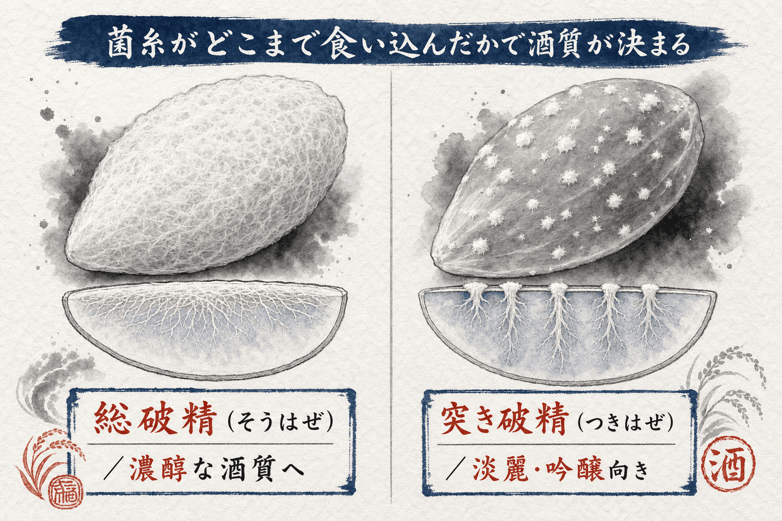 麹の破精込みの違い(総破精と突き破精)