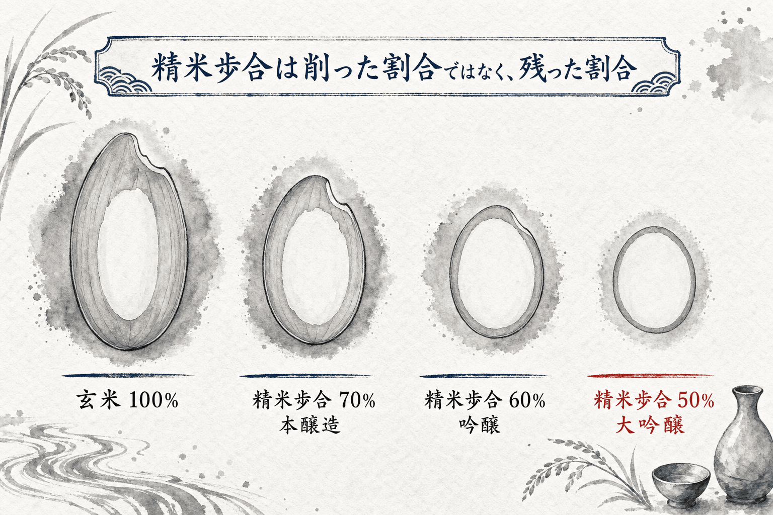 精米歩合による米粒の削られ方の比較