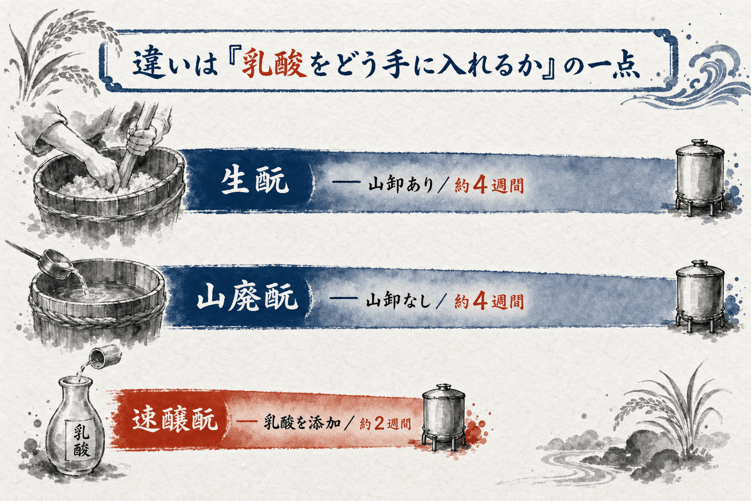 生酛・山廃酛・速醸酛の工程比較