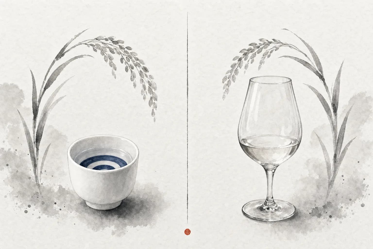 利き猪口とワイングラス、2つのテイスティング器具を並べて日本酒の2大呼称資格を象徴した図