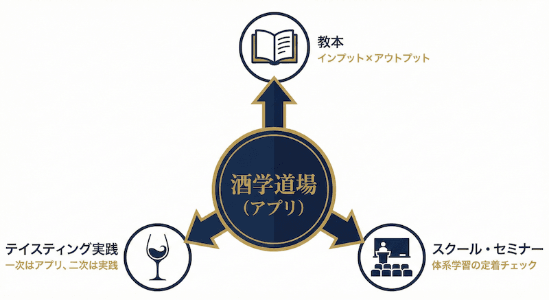 酒学道場(アプリ)と教本・スクール・テイスティング実践の組み合わせ学習法の図解