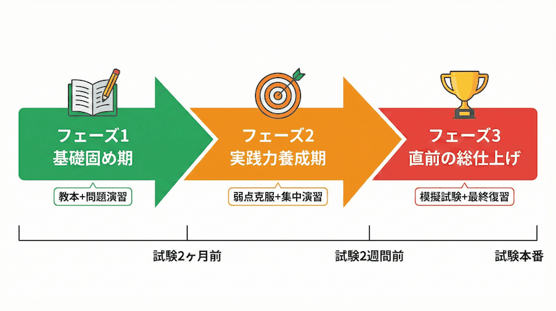 酒ディプロマ合格までの学習ロードマップ:基礎固め期→実践力養成期→直前の総仕上げの3フェーズのタイムライン図