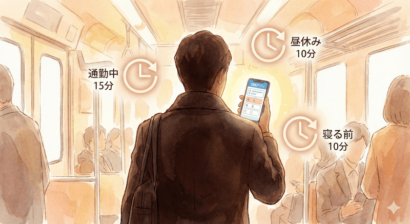 通勤中・昼休み・寝る前のスキマ時間でスマホアプリを使って酒ディプロマの学習をするイメージ図