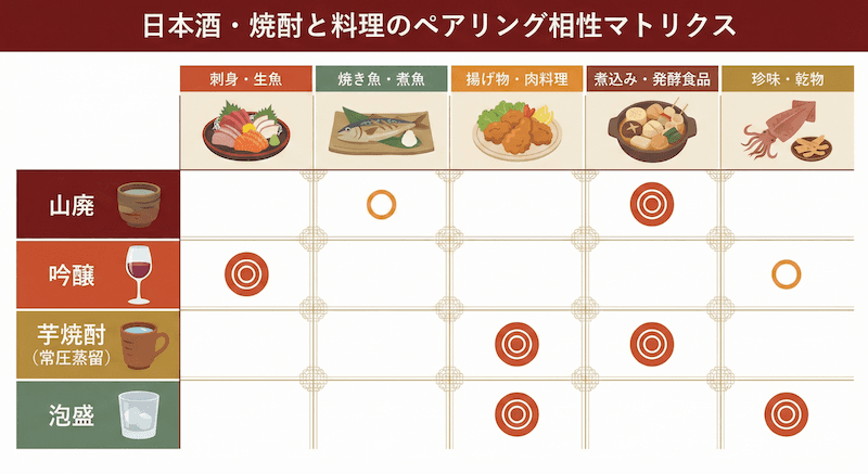 日本酒・焼酎と料理のペアリング相性マトリクス:酒質タイプごとの味わいの特徴と相性の良い料理を視覚的に整理した図