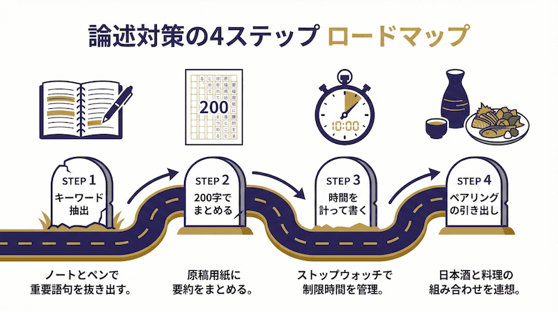 論述対策の4ステップ学習ロードマップ:キーワード抽出→200字でまとめる→時間を計って書く→ペアリングの引き出しを増やす