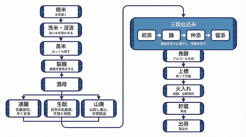 日本酒の醸造プロセスのフローチャート:精米から出荷までの工程と、酒母の種類(速醸・生酛・山廃)の分岐、三段仕込み(初添・仲添・留添)の流れ