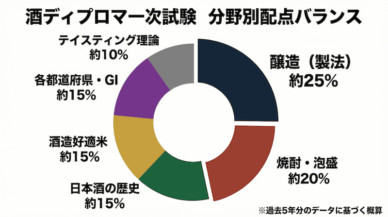 酒ディプロマ一次試験の分野別配点バランスを示すドーナツチャート:醸造(製法)約25%、焼酎・泡盛約20%、日本酒の歴史約15%、酒造好適米約15%、各都道府県・GI約15%、テイスティング理論約10%