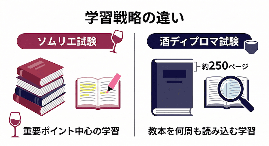 ソムリエ試験と酒ディプロマ試験の学習戦略の違い:教本の厚さと出題範囲の関係