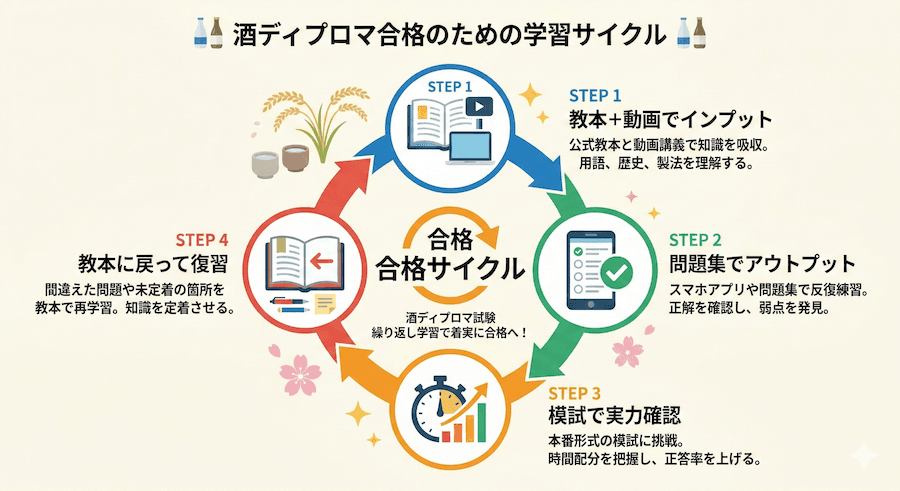 酒ディプロマ合格のための学習サイクル:教本→問題集→模試→教本の4ステップを繰り返す循環フロー