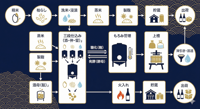 日本酒の醸造工程フローチャート:精米→洗米→蒸米→製麹→酒母→三段仕込み→上槽→火入れ→貯蔵の流れ