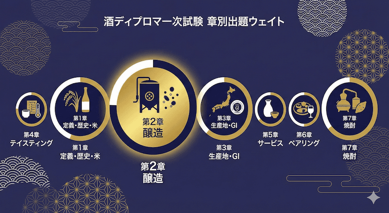 酒ディプロマ一次試験の章別出題ウェイト:第2章(醸造)が最も配点が高く、次いで第1章、第3章、第7章の順