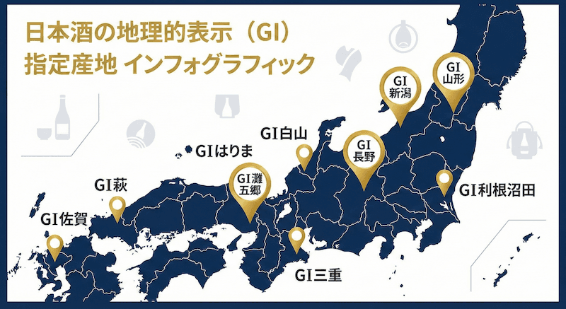 日本酒の主要GI(地理的表示)マップ:灘五郷、山形、長野、新潟、白山、はりまなど主要産地を日本地図上にマッピング