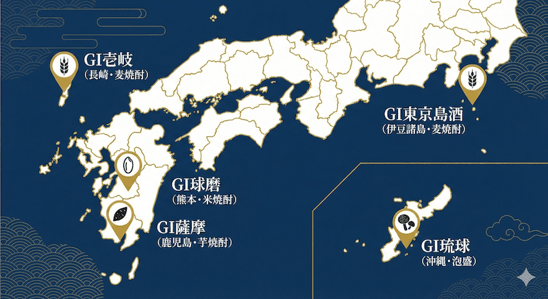 焼酎のGI(地理的表示)マップ:壱岐・球磨・琉球・薩摩・東京島酒の5産地を九州・沖縄中心の地図上にマッピング