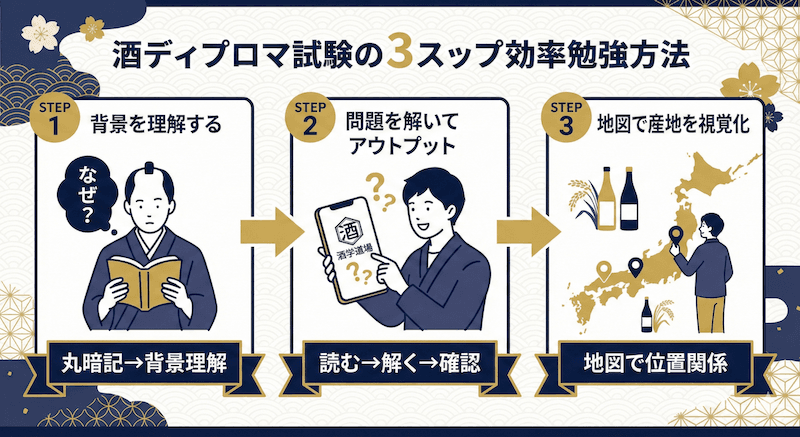 酒ディプロマ試験の暗記・学習のコツ3ステップ:①背景理解で記憶定着 ②問題演習でアウトプット ③地図で産地を視覚化