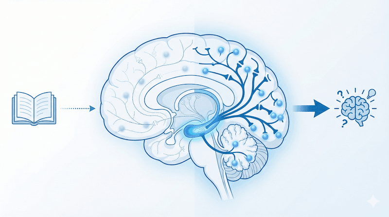 検索練習(アクティブリコール)の脳内プロセス。インプット(読む)では神経回路の接続が弱いのに対し、アウトプット(思い出す)では神経回路が強化される