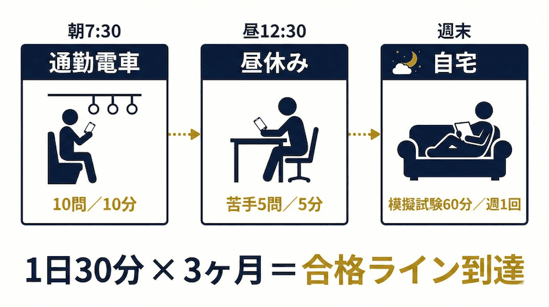 1日のスキマ時間学習スケジュール:朝の通勤10問、昼休み5問、週末に模擬試験