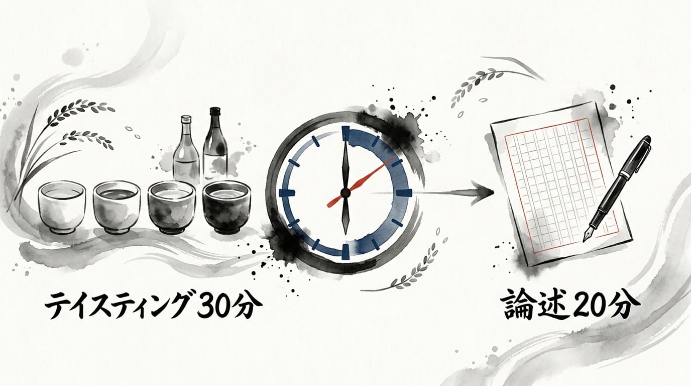 SAKE DIPLOMA二次試験の全体像:テイスティング30分(日本酒4種・焼酎2種)と論述20分の構成を時間軸で示したインフォグラフィック