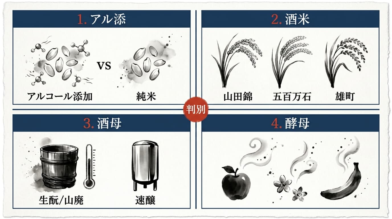 日本酒テイスティングの4つの判別軸:アルコール添加・酒米・酒母・酵母の4象限マトリクスと、それぞれの判別のポイントを墨水彩で図解
