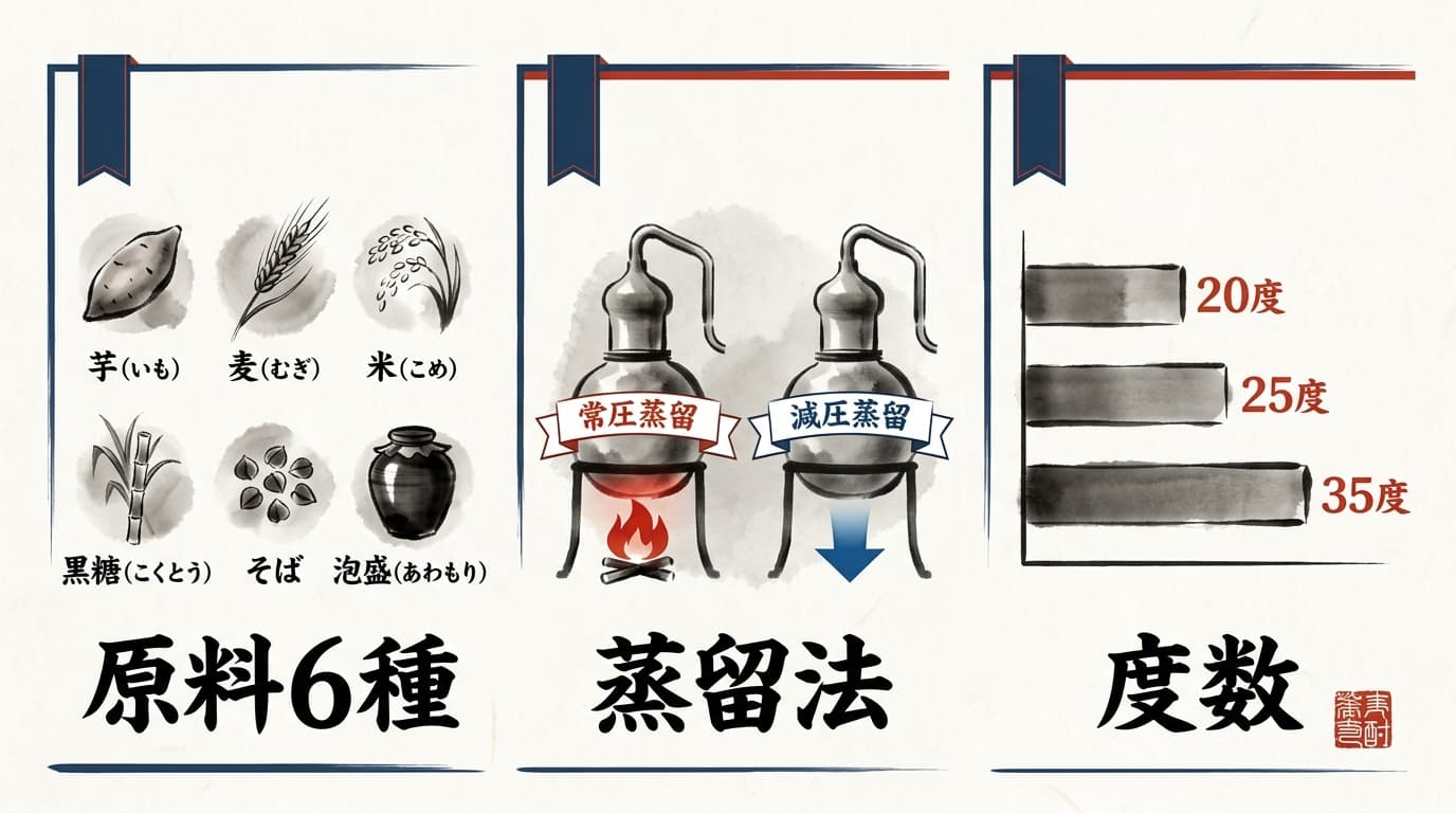 焼酎2種を見極める3軸:原料6種(芋・麦・米・黒糖・そば・泡盛)、蒸留方式(常圧・減圧)、アルコール度数の判別ポイントを墨水彩で図解した比較図