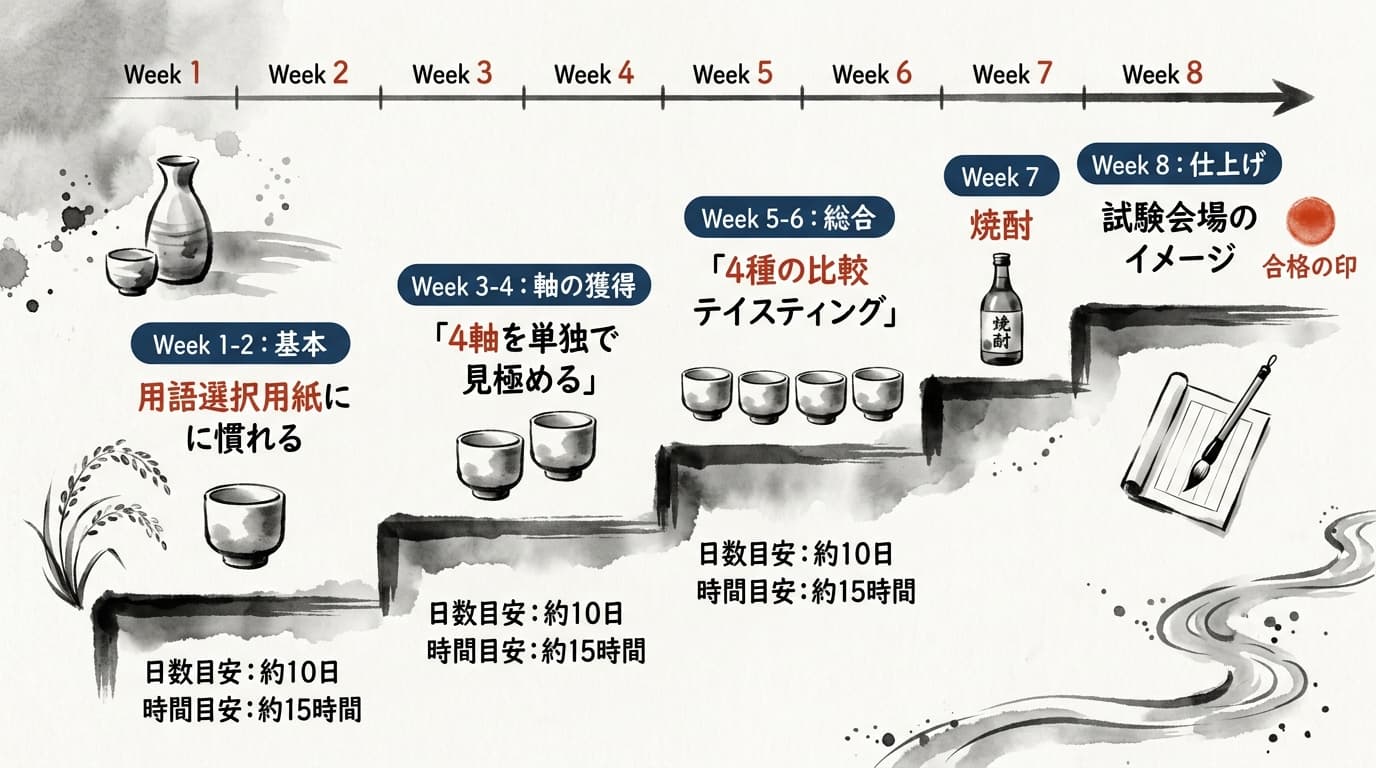 二次試験テイスティングの学習ロードマップ(8週間):Week1-2は用語選択用紙に慣れる基礎期、Week3-4は4軸の個別訓練、Week5-6は4種比較、Week7は焼酎、Week8は本番仕上げという段階的な積み上げを墨水彩で表現