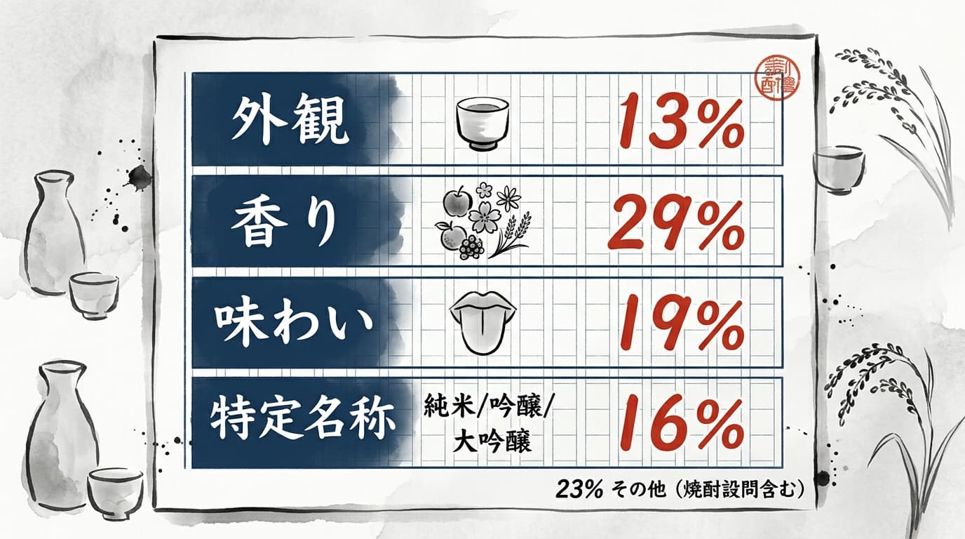 テイスティング用語選択用紙の比重イメージ:外観・香り・味わい・特定名称・その他の5ブロックに分かれ、香り領域の比重が突出している様子を墨水彩で図解
